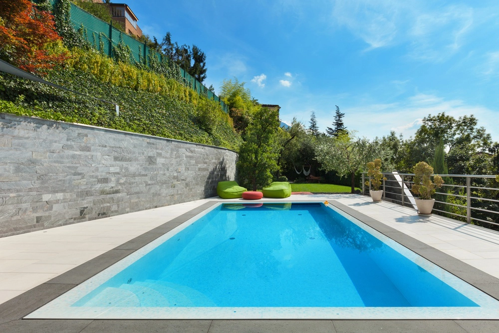 Piscine en béton dans un jardin avec de la végétation autour